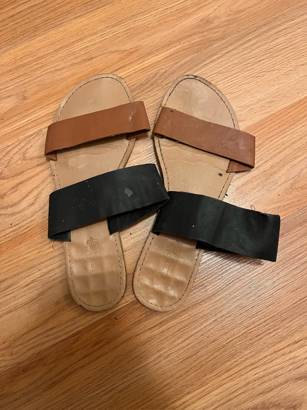 Two-Tone Slide Sandals in Brown and Black
